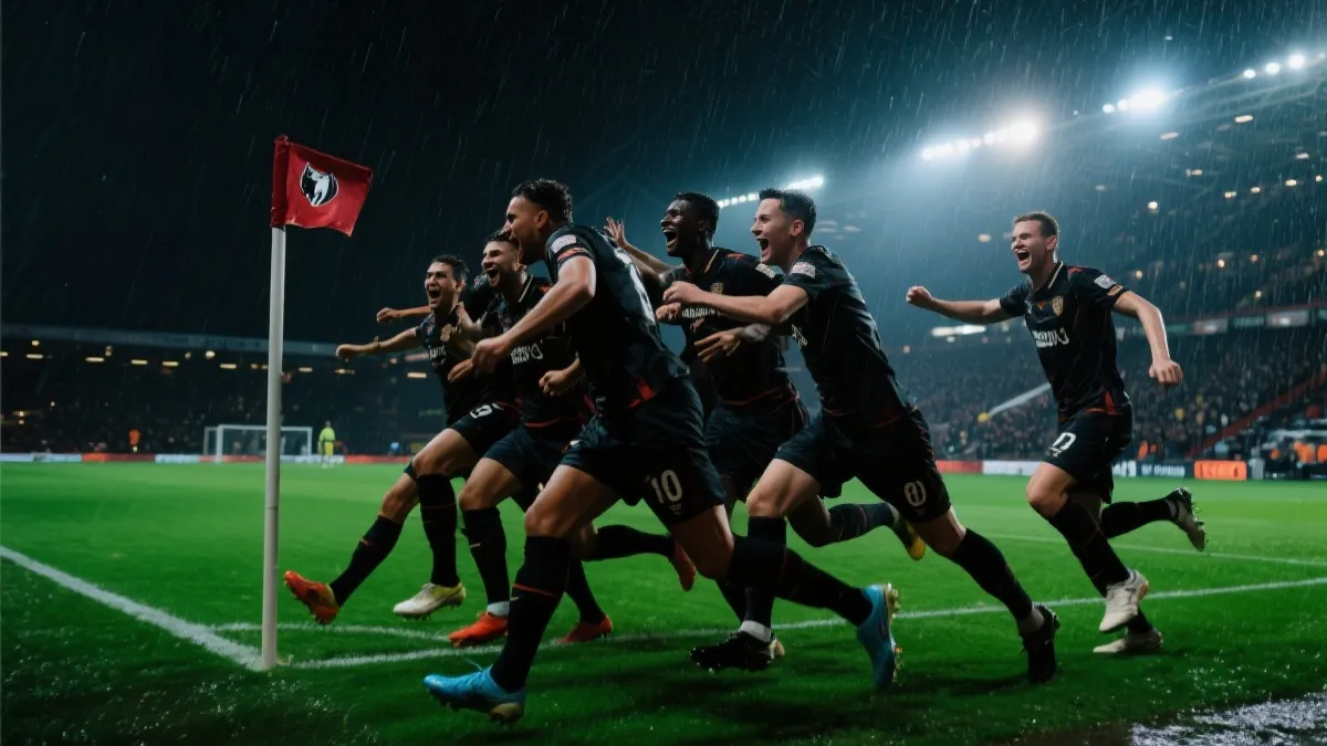 黑马球队在雨夜或灯光下庆祝进球，象征逆袭与团结