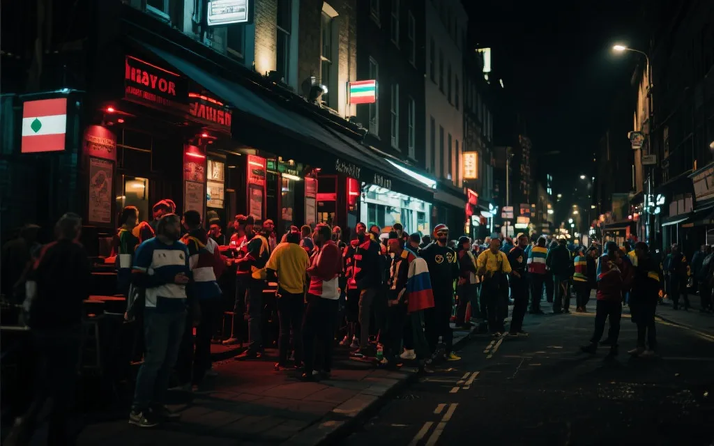 夜晚球迷在城市街区聚集观赛，霓虹灯与热烈氛围