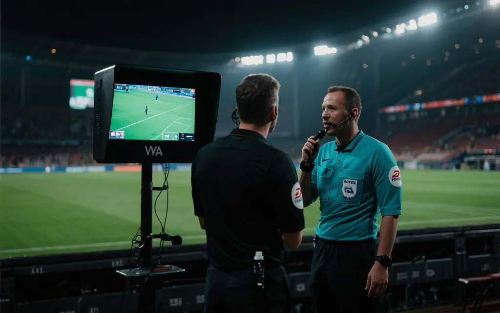 VAR回放屏幕与裁判沟通的比赛现场氛围